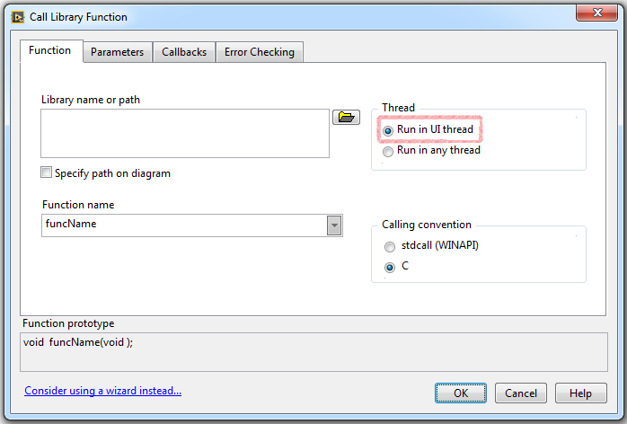 The Call Library Function node allows you to select UI thread or any execution thread.